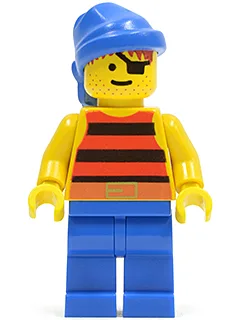 Piratenhemd mit roten/schwarzen Streifen, blaue Hose, blaues Bandana