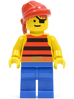 Piratenhemd mit roten/schwarzen Streifen, blaue Hose, rotes Bandana