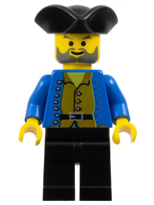 Piratenhemd in bruin, zwarte broek, zwarte piratenhoed met driehoekige muts
