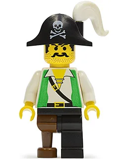Grüne Piratenweste, schwarzes Bein mit Holzbein, schwarzer Piratenhut mit Totenkopf