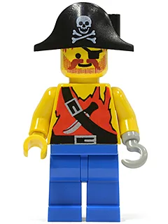 Piratenhemd met mes, blauwe broek, zwarte piratenhoed met doodskop