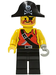 Piratenhemd mit Messer, schwarze Beine, schwarzer Piratenhut mit Totenkopf