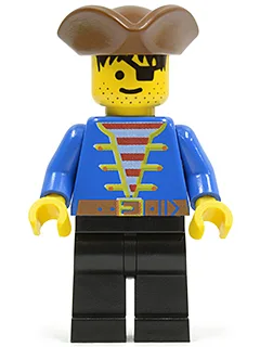 Blaue Piratenjacke, schwarze Beine, brauner Piratendreieckshut, schwarze Haare