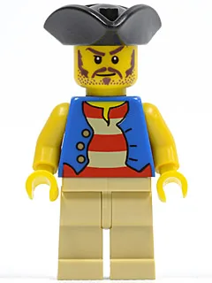 Piratenvest in blauw, beige broek, zwarte driehoekige piratenhoed, lange bruine snor.