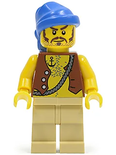 Piratenvest en ankertattoo, gebruinde benen, blauwe bandana, bruine snor