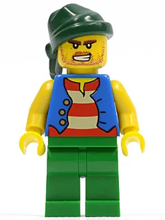 Piratenvest in blauw, groene benen, donkergroene bandana, ontblote tanden