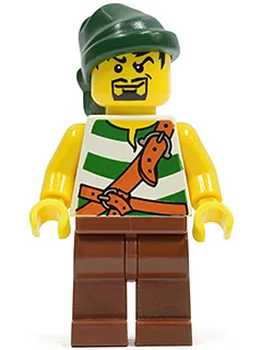 Rayures vert pirate et blanches, jambes brun rougeâtre, bandana vert foncé, bouc