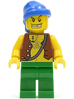 Piratenweste und Anker-Tattoo, grüne Beine, blaues Bandana, Goldzahn
