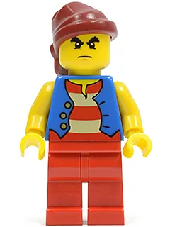 Piratenblaue Weste, rote Beine, dunkelrotes Bandana, buschige Augenbrauen