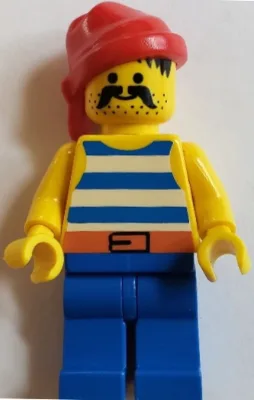 Piratenhemd in blauw/wit gestreept, blauwe broek, rode bandana, riem met zwarte gesp.
