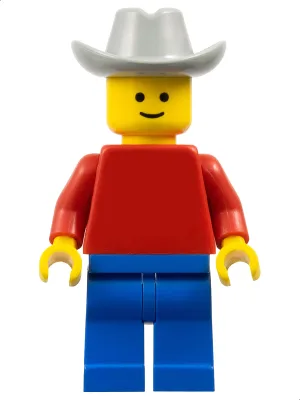 Effen rood torso met rode armen, blauwe benen en een lichtgrijze cowboyhoed.