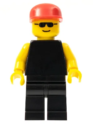 Schwarzer Oberkörper mit gelben Armen, schwarzen Beinen, Sonnenbrille und roter Kappe