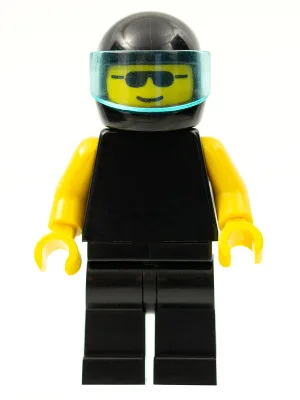 Schwarzer Oberkörper mit gelben Armen, schwarzen Beinen, Sonnenbrille, schwarzem Helm und durchscheinend hellblauem Visier