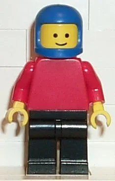 Einfarbiger roter Torso mit roten Armen, schwarzen Beinen und blauem klassischem Helm