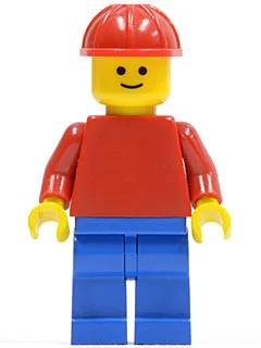Torse rouge uni, bras rouges, jambes bleues, casque de chantier rouge