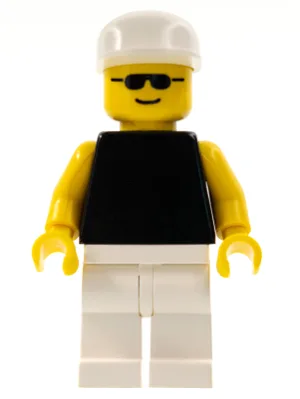 Effen zwart torso met gele armen, witte benen, witte pet en zonnebril.