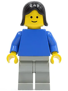 Einfarbig blauer Torso mit blauen Armen, hellgrauen Beinen und schwarzem weiblichem Haar