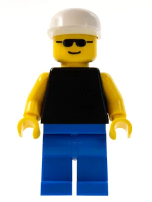 Effen zwart torso met gele armen, blauwe benen, zonnebril en witte pet.