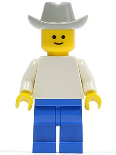 Effen wit torso met witte armen, blauwe benen en een lichtgrijze cowboyhoed.