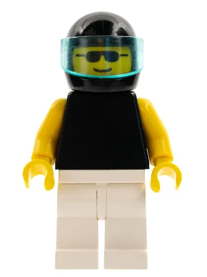 Effen zwart torso met gele armen, witte benen, zonnebril, zwarte helm en doorschijnend lichtblauw vizier.