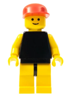 Effen zwart torso met gele armen, gele benen en een rode pet.
