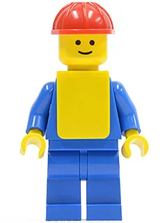 Torse bleu uni, bras et jambes bleus, casque de chantier rouge, gilet jaune
