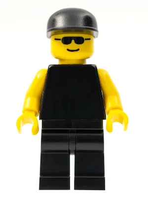 Schwarzer Oberkörper mit gelben Armen, schwarzen Beinen, Sonnenbrille und schwarzer Kappe