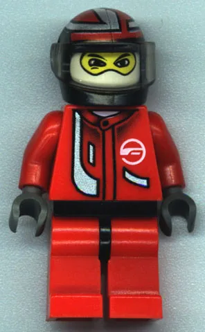 Pilote de course, rouge avec cagoule blanche, casque noir avec détails rouges et argentés
