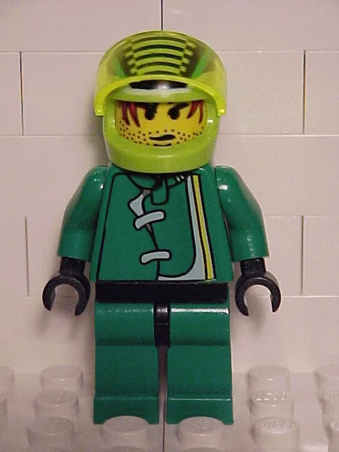 Racercoureur, groene jas en limoengroene helm met zwarte strepen/witte geblokte lijnen