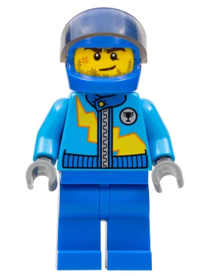 Dark Azure Racing Jacket with Zipper and Yellow Lightning Bolt Pattern, Blue Helmet, Trans-Brown Visor