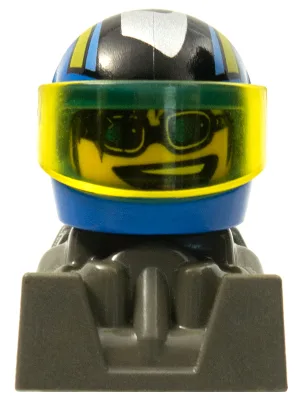 Rennfahrer, blaue Sonnenbrille, blauer Helm mit Muster, dunkelgrauer Körper