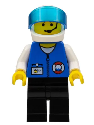 Garde côtière - Centre-ville - Col et bras blancs, jambes noires, casque blanc, visière bleu foncé translucide, microphone