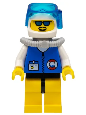Garde côtière du centre-ville : uniforme blanc (col et manches), jambes jaunes et hanches noires, casque blanc, bouteille de plongée gris clair, lunettes de soleil.