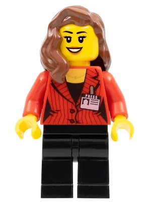 Camerawoman - Red Suit Jacket with Press Pass, Black Legs, Reddish Brown Female Hair over Shoulder, Open Mouth Smile with Dark Orange Lips