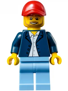 Race Official - Male, Dark Blue Blazer over White Button Down Shirt, Medium Blue Legs, Red Cap with Hole, Beard