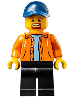 Race Official - Male, Orange Jacket Hoodie over Medium Blue Sweater, Black Legs, Dark Blue Cap with Hole, Goatee
