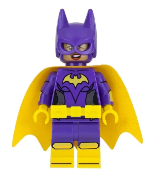 Batgirl - Minifigure, Dark Purple Suit, Yellow Cape, Wink and Open Mouth Smile / Angry