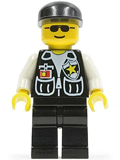Polizei – Sheriffstern und 2 Taschen, schwarze Beine, weiße Arme, schwarze Mütze, schwarze Sonnenbrille