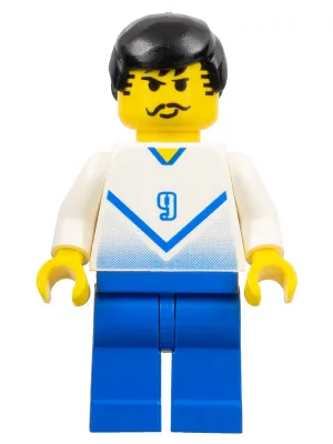 Joueur de football de l'équipe blanche et bleue avec le numéro 9