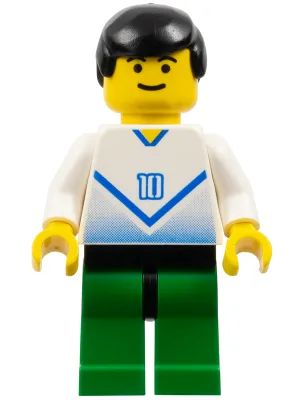 Voetballer in wit en blauw, promo-model met shirtnummer 10.