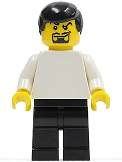 Effen witte romp met witte armen, zwarte benen, zwart mannenhaar en sikje (voetballer)