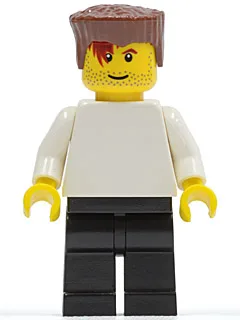 Effen witte romp met witte armen, zwarte benen en roodbruin, platgeschoren haar (voetballer)