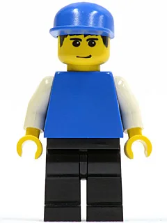 Effen blauw torso met witte armen, zwarte benen en blauwe pet (voetbaldoelman)