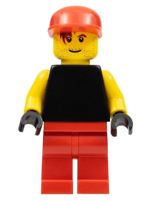 Effen zwart torso met gele armen, zwarte handen, rode benen en rode pet (voetbaldoelman)