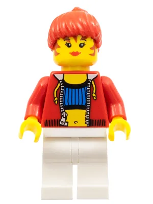 Frau mit bauchfreiem Top und Bauchnabelmuster – LEGO-Logo auf dem Rücken, rote Haare
