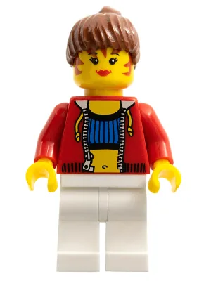 Vrouw met crop top en navelplissement - LEGO-logo op de rug, roodbruin haar