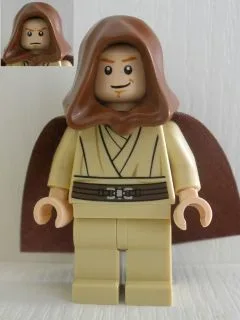 Obi-Wan Kenobi (jung, mit Kapuze und Umhang, gebräunte Beine, Lächeln)