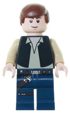 Han Solo – Schwarze Weste über beigem Hemd, dunkelblaue Hosen mit Gürteln