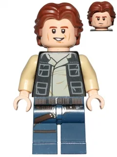 Han Solo - Black Vest with Pockets over Tan Shirt with Dark Tan Creases, Dark Blue Legs with Belts, Wavy Hair