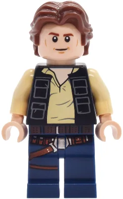 Han Solo – Schwarze Weste mit Taschen über einem hellbraunen Hemd mit dunkelblaugrauen Falten, dunkelblaue Hosenbeine mit Gürteln
